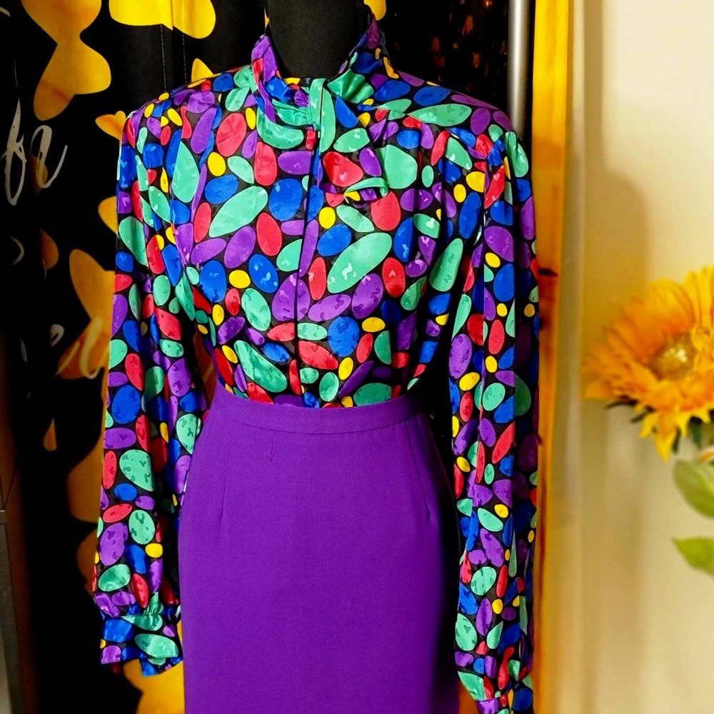 Notations Multicolor Blouse with Bow VTG